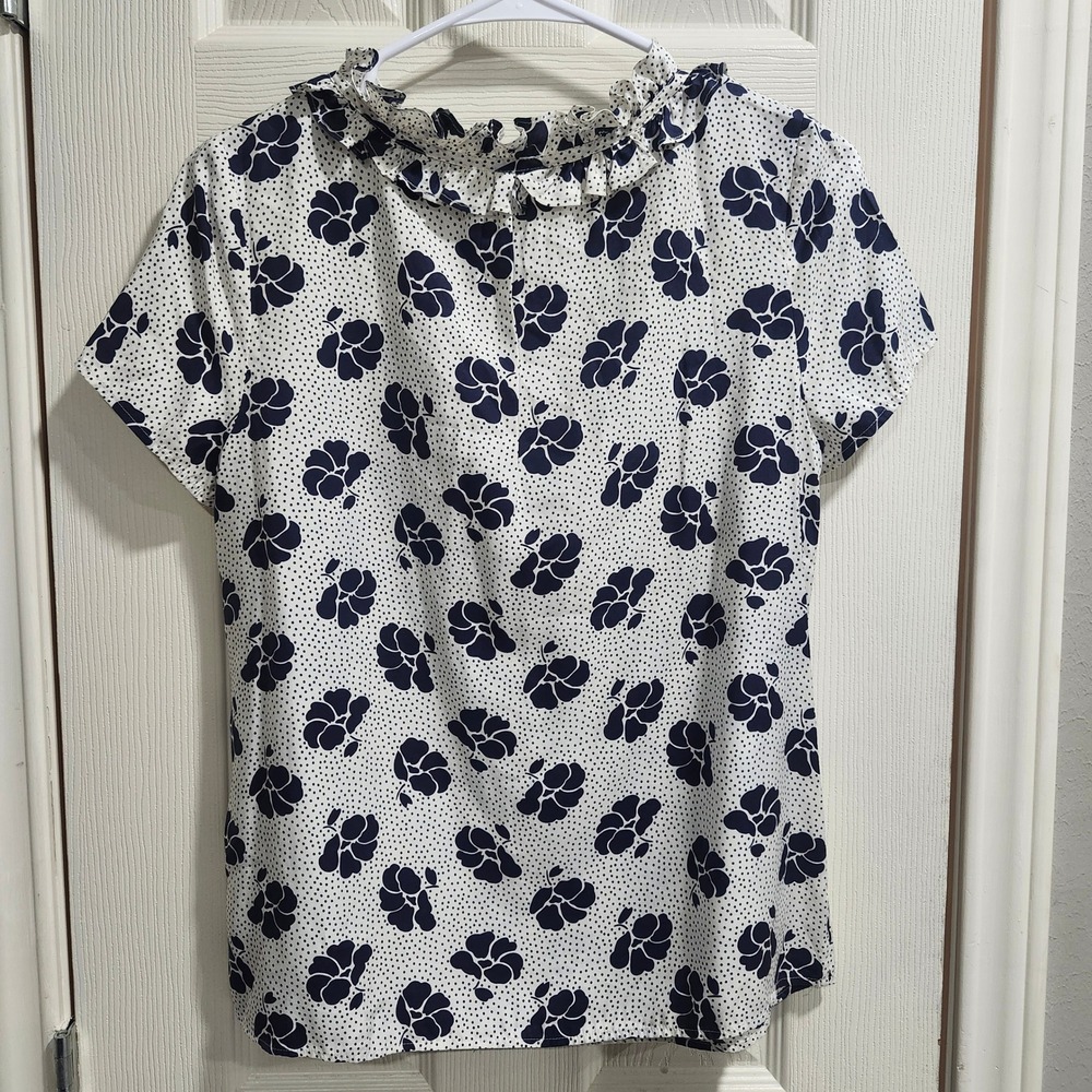 Boden Silk Blend Ruffle Neck Floral Polka Dot Blouse Navy White W0133 Size 2 - Picture 5 of 7